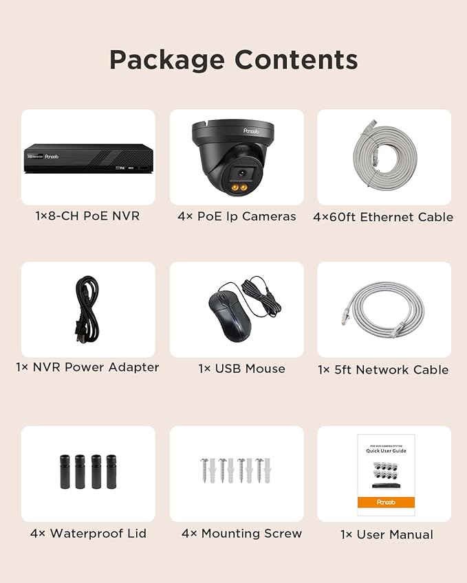 Security Camera System PoE, 4X 4MP Wired Bullet IP Cameras Outdoor Built-in Microphone, AI Human Vehicle Detection, 5MP 8CH NVR with 2TB HDD, Smart Color Night Vision, PD93BA30408-4MD(Black)