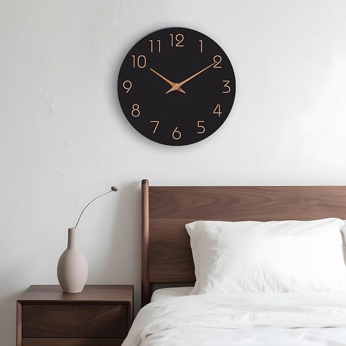 Mosewa 12 Inch Black Wall Clock Battery Operated Silent Non Ticking Modern Simple Minimalist Decorative for Kitchen Bedroom Home Office Bathroom Living Room