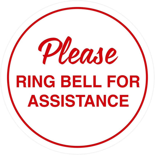 Signs ByLITA Circle Please Ring Bell For Assistance Wall or Door Sign | Easy Installation | Front Desk Reception Sign (White/Red) - Small (10 Pack)