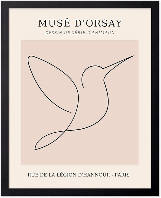 Poster Master Vintage Poster - Retro One Line Hummingbird Drawing Print - Bird Line Art - Minimal Gift for Him, Her, Animal Lover - Abstract Decor for Home, Office, 16x20 Black Framed