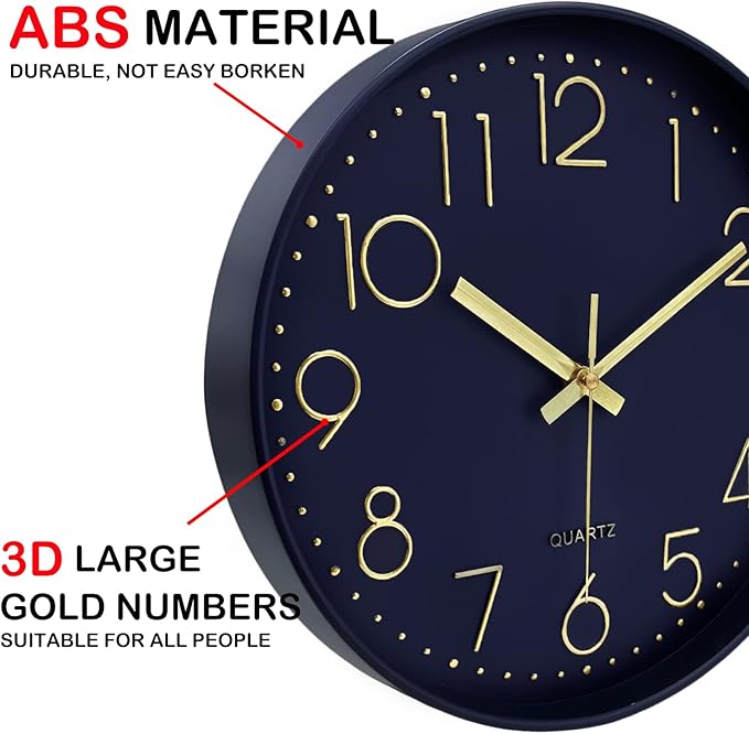Silent Wall Clocks Battery Operated 8 Inch, Analog Wall Clock with Large Number Tempered Glass Clock Face, Navy Blue Quartz Non Ticking Wall Clocks for Living Room Bedroom Kitchen Office