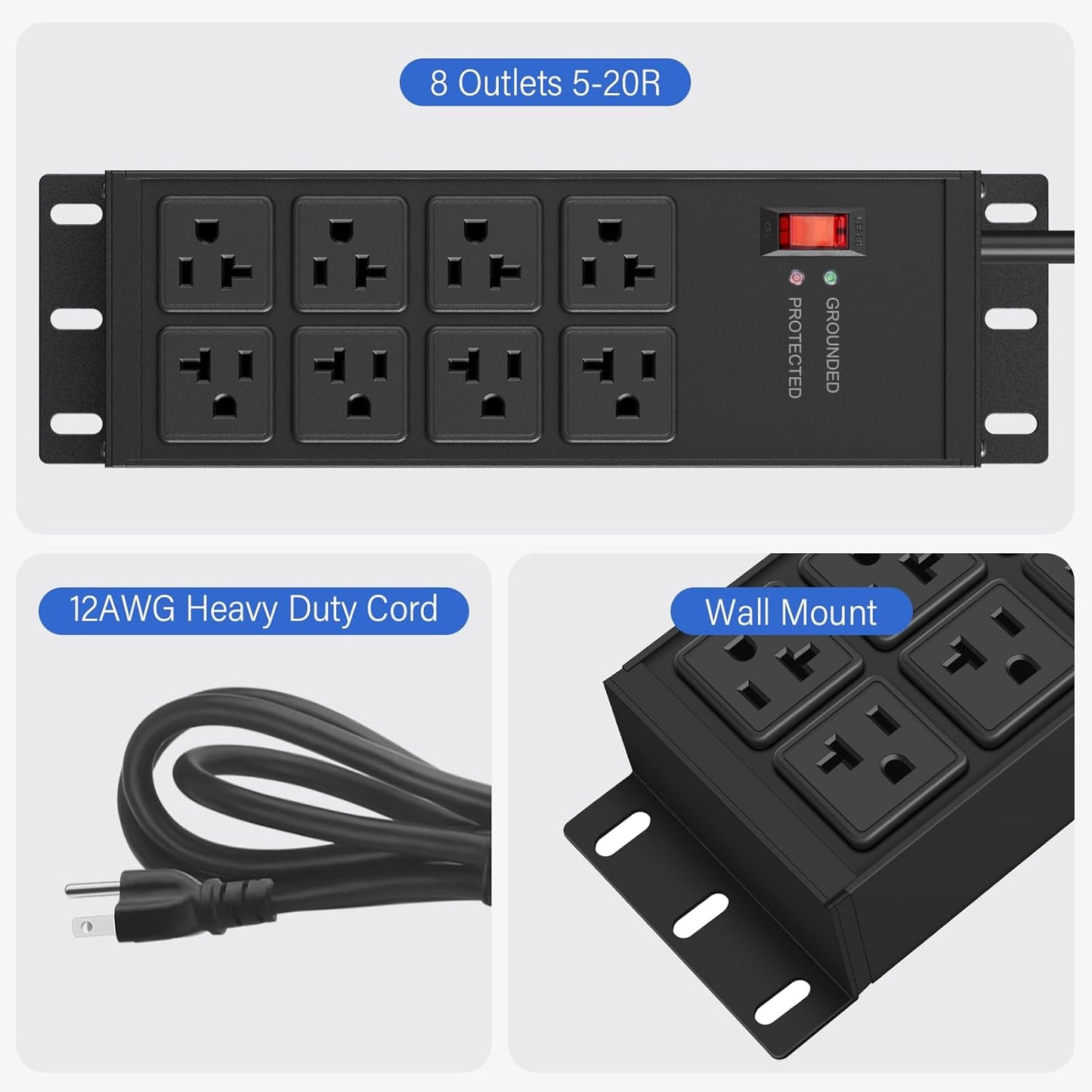 CCCEI Magnetic Heavy Duty Power Strip Surge Protector 20Amp, 12 Gauge High Amp Extension Outlets, Garage Wall Mount 8 Plug Metal Power Strip. 10FT, Black, 5-15P Adapter 6-20R T-Slot 20a for Appliance