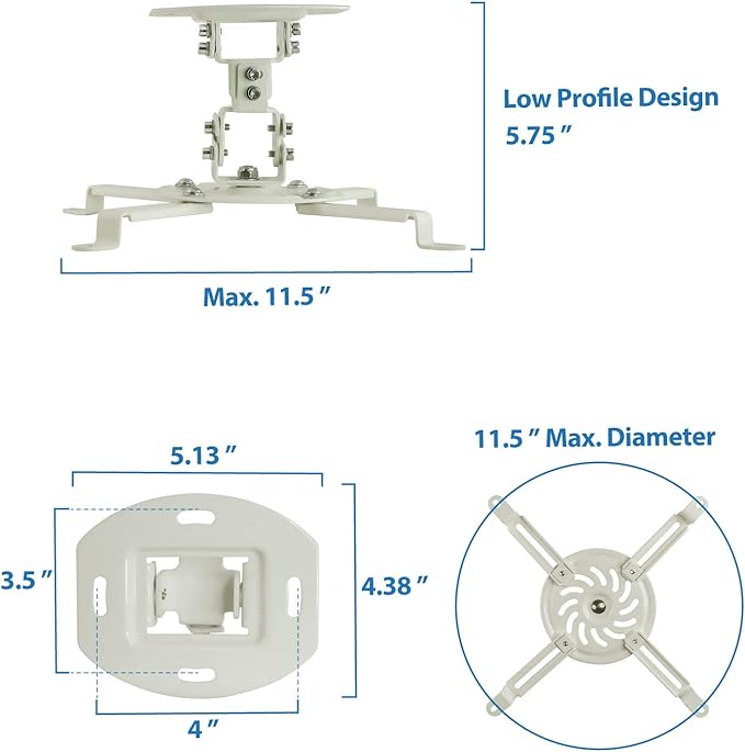 Mount-It! Low Profile Projector Ceiling Mount [30 lbs Capacity] Universal Bracket | 360 Full Motion Rotation with 30 Degree Tilt and Roll | 6 Inches High (White | Short)