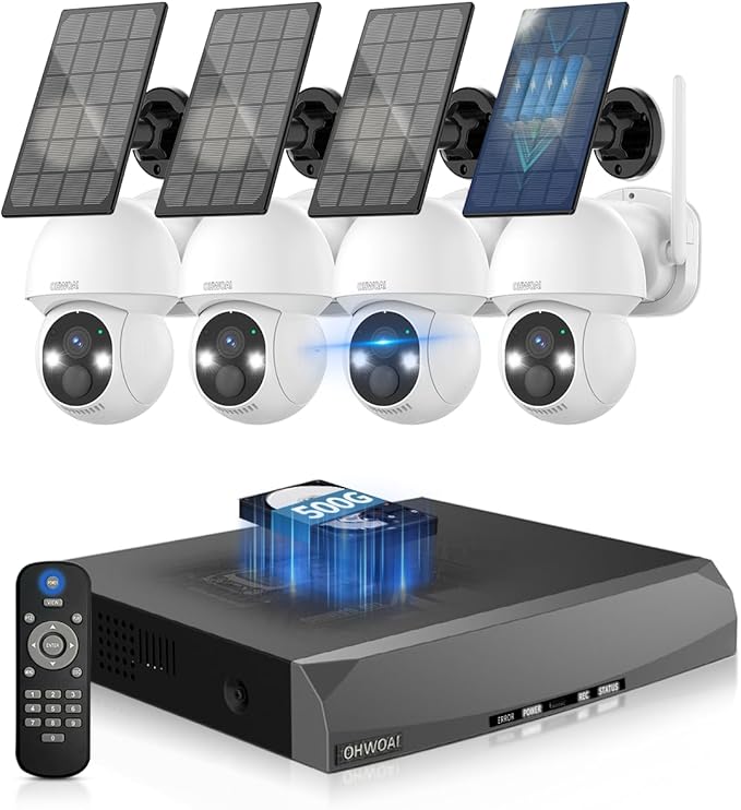《100% Solar Powered & PIR Motion Detection》Outdoor Wireless PTZ Camera System, 4MP Solar Powered Battery Cameras Systems, Home Video Surveillance DVR Kits with 2-Way Audio