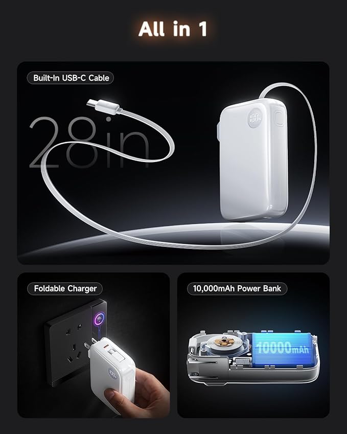 HOU 3 in 1 Portable Power Bank 10000mAh, 35W PD Fast Charging, Retractable USB-C Cable, Foldable Wall Plug, Dual Device Charging, FCC&UL Certified, Compatible with iPhone 17 Pro Max, Samsung, iPad