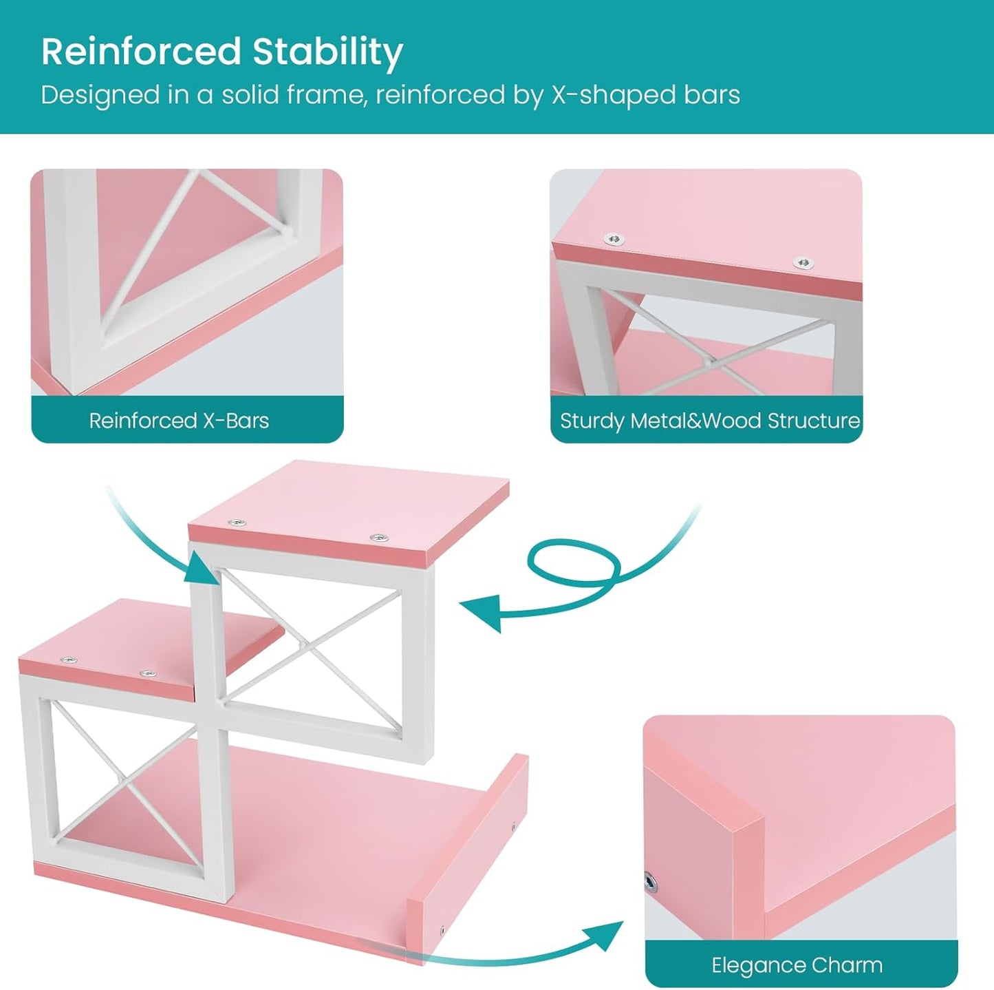 ELITEROO Desktop Shelf, Aesthetic Desk Organizer Table Top Mini Bookshelf, 3 Tier Wooden Desk Supplies Organizers and Storage Stand Cubicle Accessories for Women Office, Pink