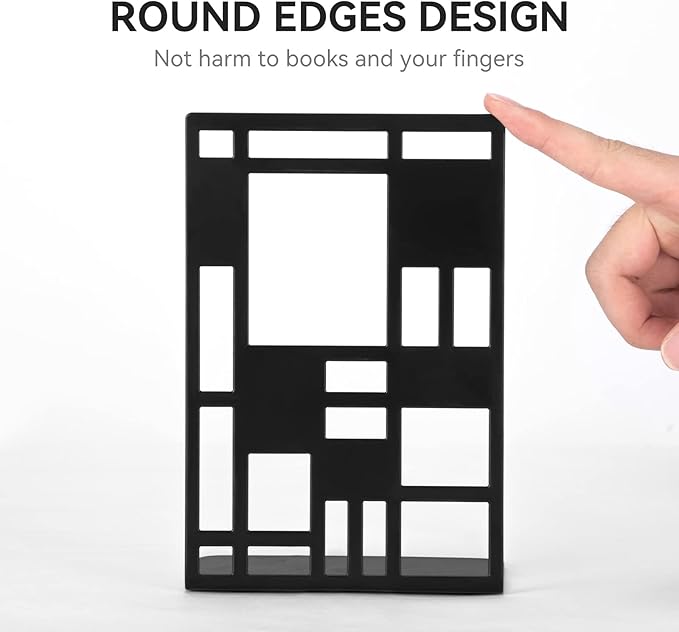 Book Ends, Bookends, Book Ends for Shelves, Bookends for Heavy Books, Book Divider Decorative Holder, Metal Heavy Duty Bookend Black 3 Pair, Abstract Art Desgin Book Stopper Supports for Office, Home