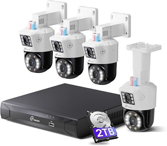 Loocam Dual-Lens 4K PoE Security Camera System, 4pcs Pan/Tilt CCTV Wired PoE IP Camera Outdoor Indoor, AI Person/Vehicle, Spotlight Siren, Color Night Vision, 8CH 8MP NVR with 2TB HDD