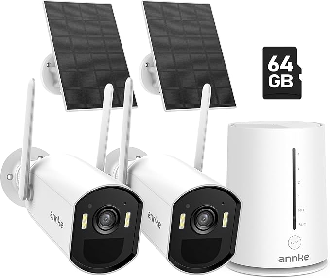 ANNKE 5MP Solar Wireless Security Camera Outdoor,Surveillance Home System,4CH and 2 Bullet Cam-Kit 4MP 2K, Color Night Vision, Spotlight Smart Alarm, PIR&Human Detection, 2-Way Audio, 64GB Memory Card