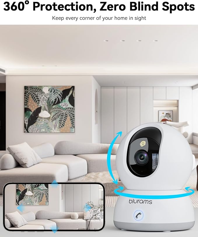 blurams Cameras for Home Security, 2K Pet Camera with Phone App, 360° PTZ Indoor Cameras, 2-Way Talk, Motion Tracking, Color/IR Night Vision, Compatible with Alexa, 8MP, Wi-Fi 6