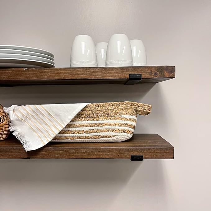 Rustic Shelves with J-Brackets Set of 2, Industrial Shelf, Kitchen Shelves, Solid Wood, Decorative Wall Storage, Heavy Duty, URBANDI (Provincial, 48Wx6D)