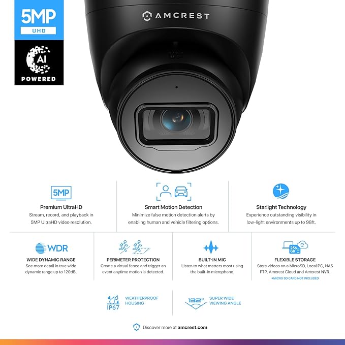 Amcrest 5MP Turret POE Camera, UltraHD Outdoor IP Camera POE with Mic/Audio, 5-Megapixel Security Surveillance Cameras, 98ft NightVision, 132° FOV, IP67, MicroSD (256GB) Black IP5M-T1179EB-AI-V3