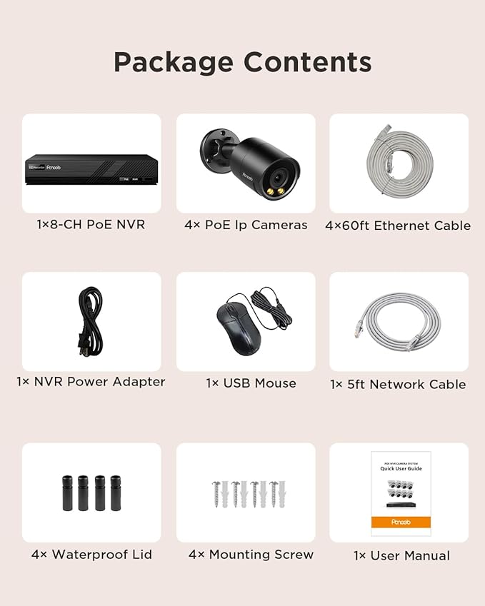 Security Camera System PoE, 4X 4MP Wired Bullet IP Cameras Outdoor Built-in Microphone, AI Human Vehicle Detection, 5MP 8CH NVR with 2TB HDD, Smart Color Night Vision, Black, PB38F30408-4MD