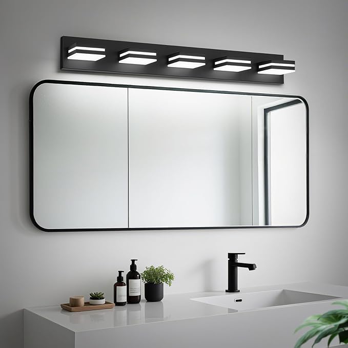 Modern LED Bathroom Lights Fixtures(5-Light),Metal Black Acrylic Wall Lighting,Vanity Lights for Bathroom Over Mirror(6000k 34in)