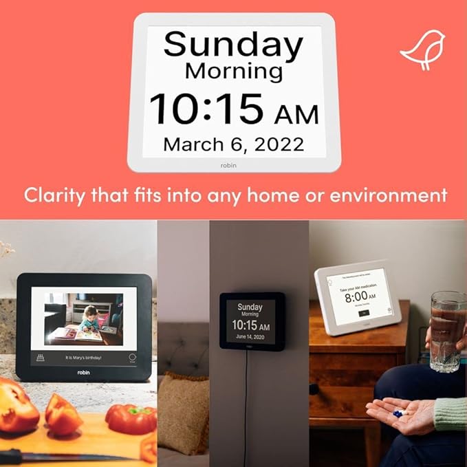 Robin Day Clock 2025 Dementia Clock with Custom Alarms & Calendar Reminders, Clocks for Seniors Helps with Memory Loss, Alzheimers, Dementia, Black