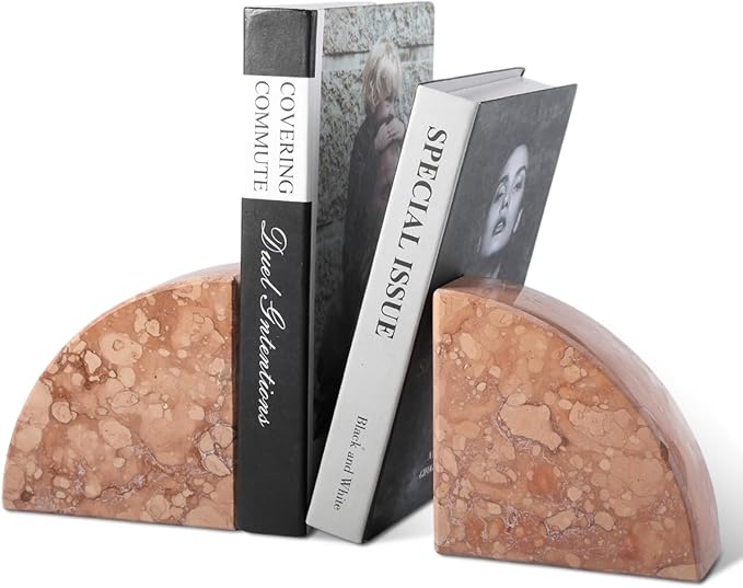 Marble Bookend for Shelves, Non-Skid Bookends for Heavy Books, Heavy Duty Book Stopper for CDs, Luxury Book Shelf Holder, Quarter Circle Design Book Ends Decorative, Perlino Rosato, Set of 2