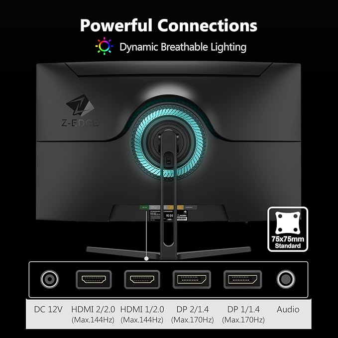 Z-Edge 32 inch Curved Gaming Monitor, QHD 1440P 170Hz 165Hz 144Hz Curved Monitor, 1500R Computer Monitor, MPRT 1ms Monitor, 16.7M Colors, 3000:1 Contrast, UG32 Ultra Slim Bezel, DP x2, HDMI x2