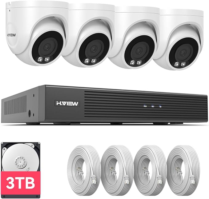 H.VIEW 4K PoE NVR Security Camera System,4pcs 8MP Weatherproof Wired PoE Cameras,Smart Person Detection,One-Way Audio,AI Decetion,H.265+ 4K/8MP 8CH NVR with 3TB HDD for Home 24/7 Recording