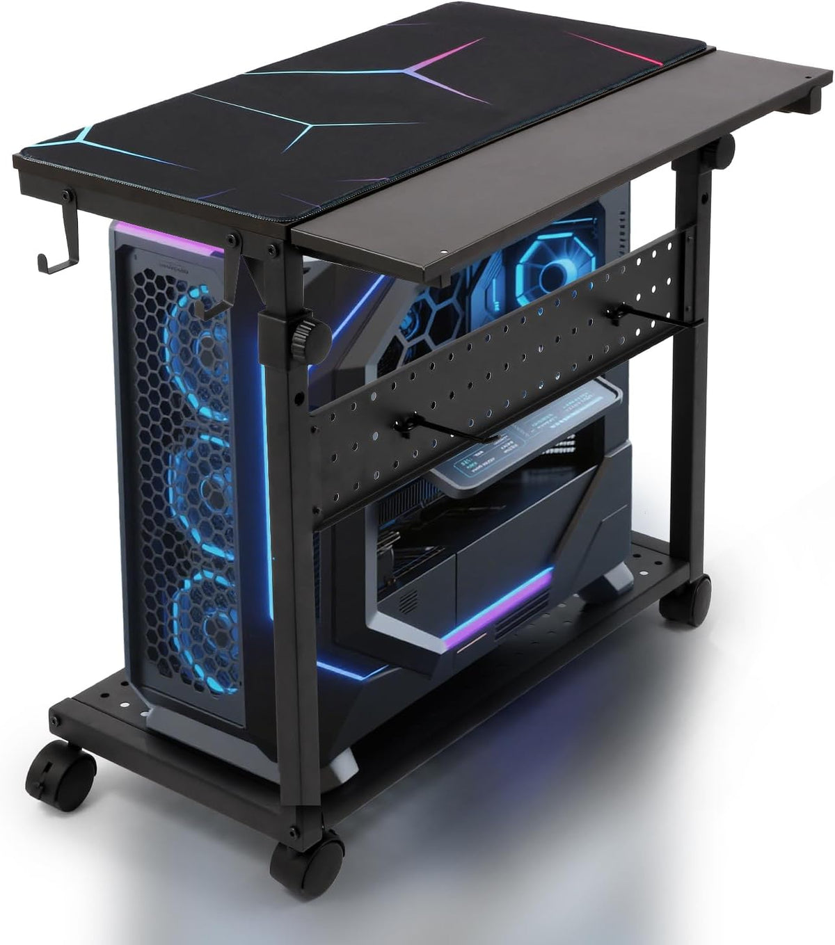 KEBE Wider Tower Stand, Height Adjustable Computer Tower for Gaming Home Office, 2-Tier PC Stand Printer Rack ATX-Case CPU Holder Cart with Wheels & Mouse Pad, Black