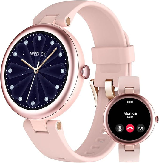 Fitness Tracker, Round Fitness Watches for Women with Bluetooth Call Heart Rate Monitor Sleep Tracker Calorie/Step Counter, Birthday Gift for Women Lady Mom Waterproof (Pink)