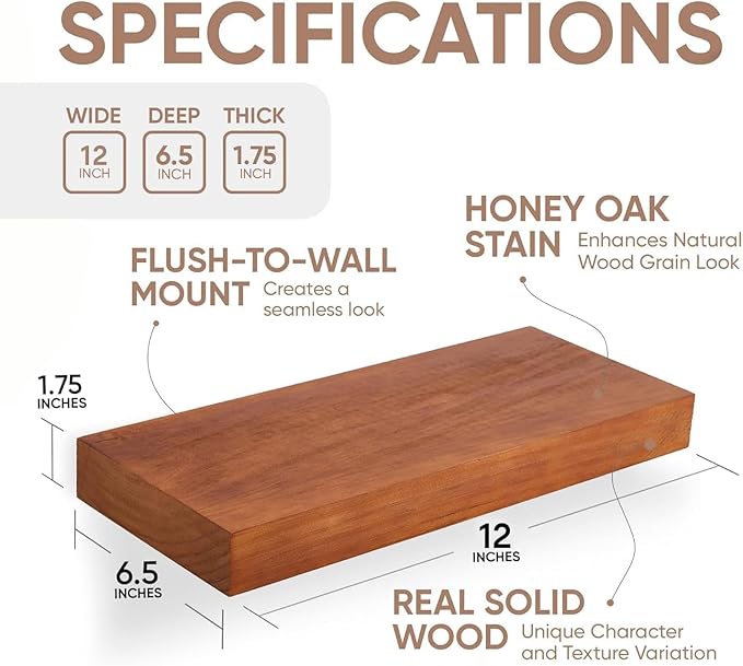 Homeforia 12 inch Oak Floating Shelf, High End Solid Real Wood 12inch Small Floating Shelves for Wall Mounted, Honey Oak Wooden 12in Floating Shelves, Heavy Duty Bracket, 12 X 6.5 X 1.75 in, Set of 2