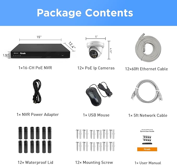 16 Channel Security Camera System 4K, 12x 8MP Wired IP Dome PoE Camera, Spotlight Color Night Vision, Human Vehicle Detection, Built-in Mic, Remote Access, 4K 16CH NVR 4TB HDD, PD93BA1216-8MD