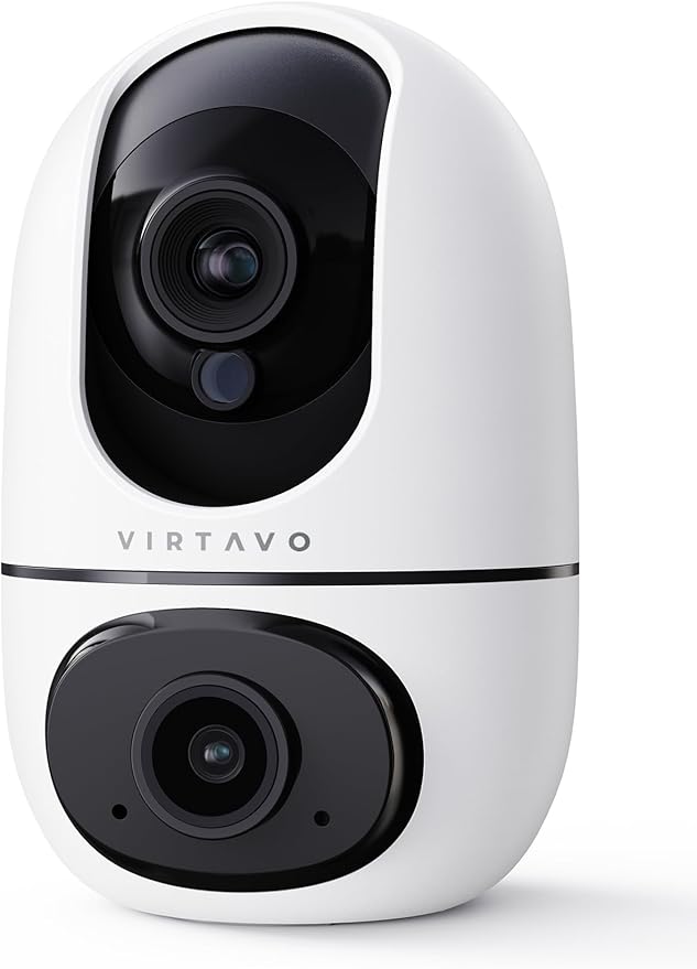 virtavo Indoor Security Camera, Dual-Lens 360° PTZ WiFi Baby Pet Monitor for Home, Motion Tracking, 2-Way Audio, Night Vision, No Subscription, WiFi6 2.4GHz/5GHz, SD & Cloud Storage, Works with Alexa