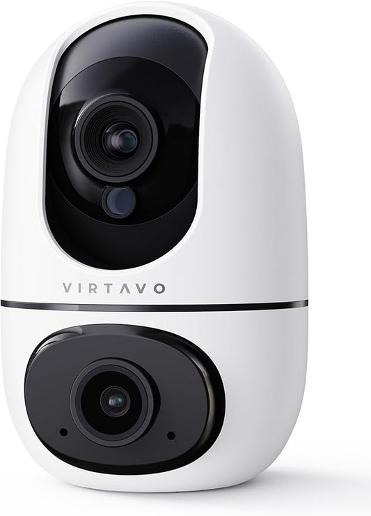 virtavo Indoor Security Camera, Dual-Lens 360° PTZ WiFi Baby Pet Monitor for Home, Motion Tracking, 2-Way Audio, Night Vision, No Subscription, WiFi6 2.4GHz/5GHz, SD & Cloud Storage, Works with Alexa
