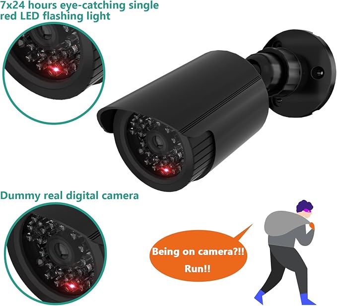 WALI Bullet Dummy Fake Surveillance Security CCTV Dome Camera Indoor Outdoor with One LED Light, Security Alert Sticker Decals (TC-B2), 2 Packs, Black