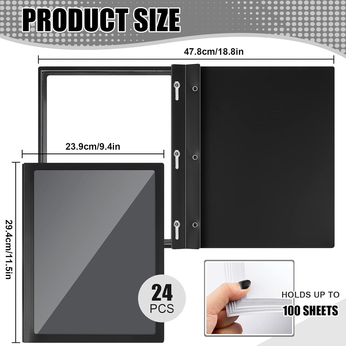 Teling 24 Pcs Report Covers with 3 Prong Fasteners Clear Front Presentation Folders Frame View Poly Report Folder Presentation Binder for Paper Document School Office (Black)