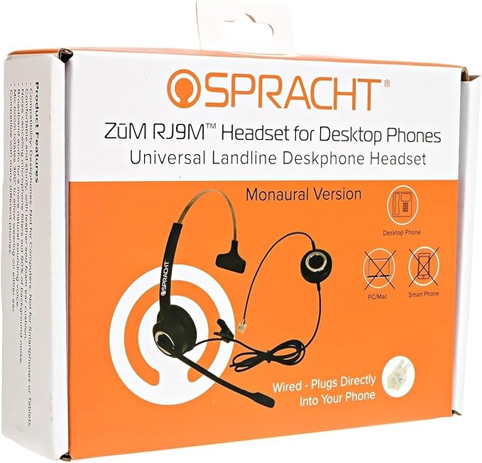 Spracht Wired Headset for Desktop Phone | Single Ear Universal Headset for Office Telephones | Mono Head Set with Microphone - Works with Polycom Digium Nortel Yealink Grandstream Cisco Zum RJ9