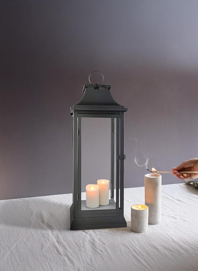 Serene Spaces Living 25" Tall Black Decorative Hurricane Lantern with Clear Glass Panels - Indoor Lantern and Outdoor Lantern for Porch, Events, Parties, & Table Top Decor - Extra Large Lantern