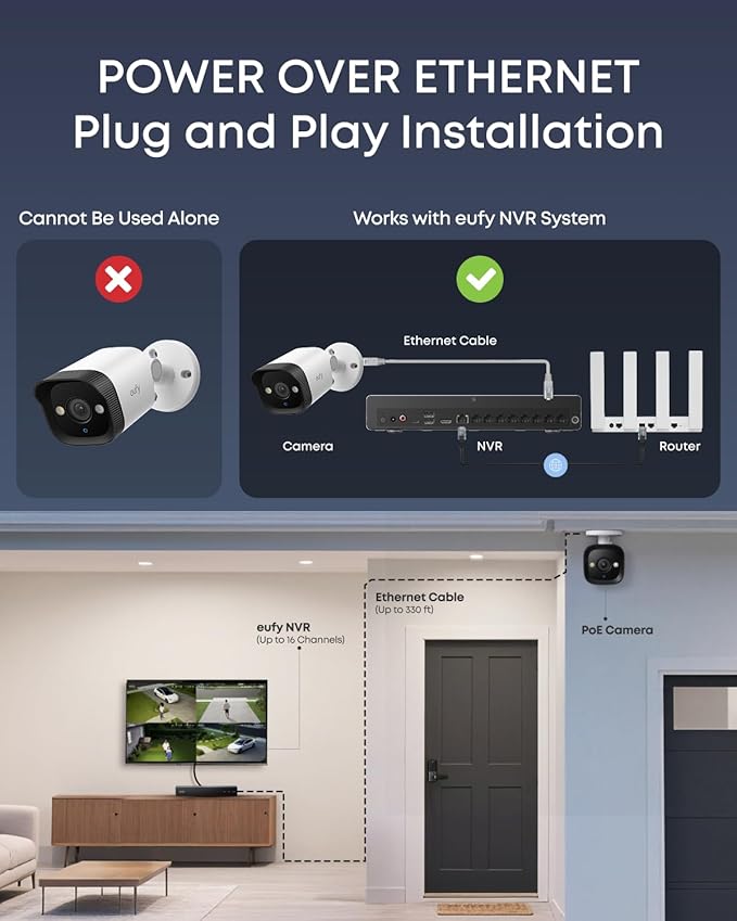 eufy PoE Bullet Security Camera E40, NVR Add On Cam, Requires eufy NVR, 4K UHD, 122° FOV, F1.6 Color Night Vision, 24/7 Recording, Human/Vehicle/Pet AI Detection, Red and Blue Strobe, Plug and Play