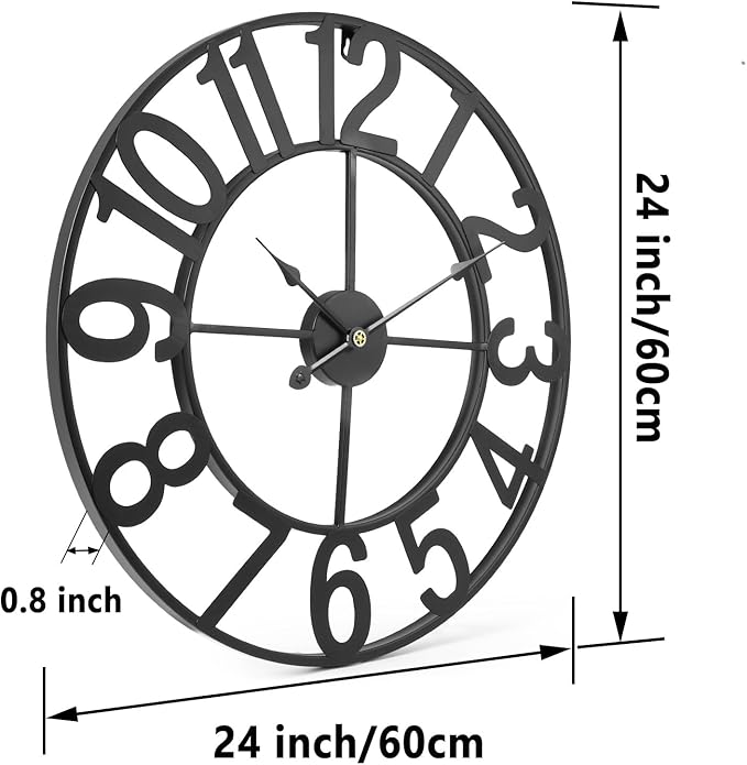 Tatub 24 Inch Large Wall Clock for Living Room Decor, Arabic Numeral Modern Round Decorative Metal Large Wall Clock for Bedroom and Kitchen, Silent, Non Ticking, Battery Operated