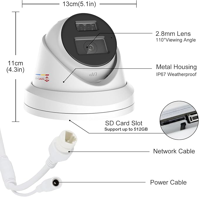 Anpviz 5MP PoE IP Camera with Audio, Full Metal Turret Security Camera Outdoor with Human Vehicle Detection, Smart Color Night Vision, 3072x1728@20fps, 114° FOV, WDR, IP67 Waterproof