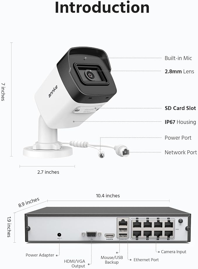 ANNKE H500 8CH 4pcs 3K 5MP Camera PoE Security System, H.265+ NVR with 2TB Hard Drive, Outdoor Bullet IP Cam, Color Night Vision, Built-in Mic&SD Card Slot, Smart Motion Detection, Works with Alexa