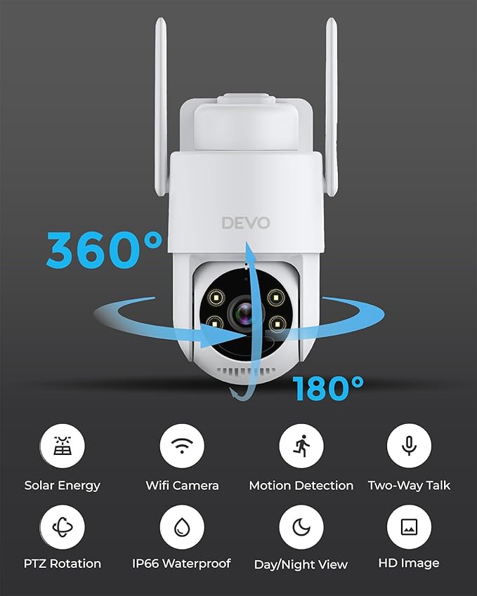 Devo Solar Security Camera Wireless Outdoor, 2.3K HD 360° PTZ Color Night Vision, AI/PIR Human Detection, 2-Way Audio, Solar & Battery Powered, WiFi 6, IP66 Waterproof, Triple Alert System