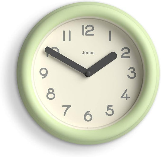 JONES CLOCKS® Fuze Wall Clock | Small Round Clock | Matcha Green | Playful Modern Design with Soft sculptural Presence | Ideal for Kitchens Living Rooms Kid's bedrooms