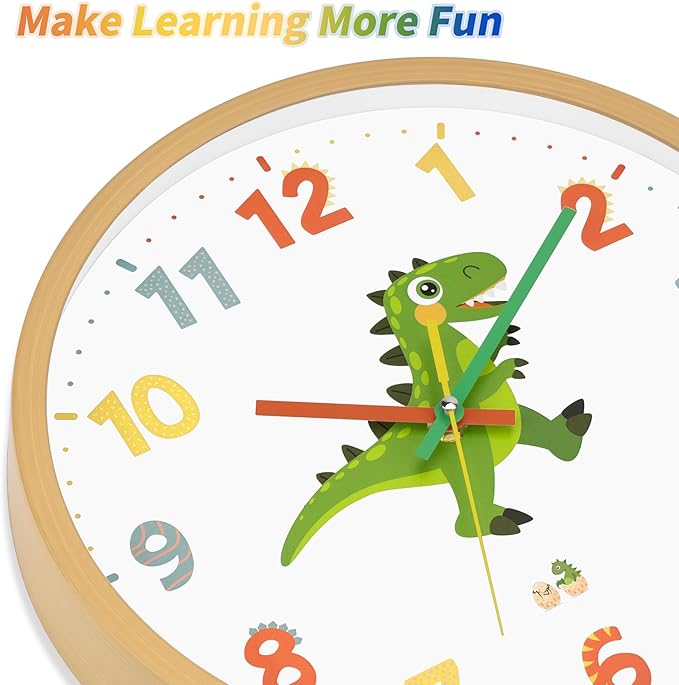 Dinosaur Wall Clock for Kids Bedrooms 12 Inch Silent Non-Ticking Battery Operated Analog Clocks Kids Wall Clock for Classrooms, Kids Bedrooms, Playrooms and Nursery for Toddler Children