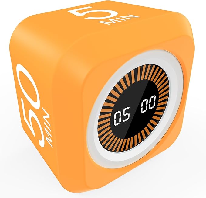 FCXJTU Rotating Cube Pomodoro Visual Timer 5, 25, 10 50 Minutes Preset, Rechargeable Desk Productivity Flip Custom Countdown Timer w/Silicone Cover, Silent Mode for ADHD Study, Work, School(Orange)