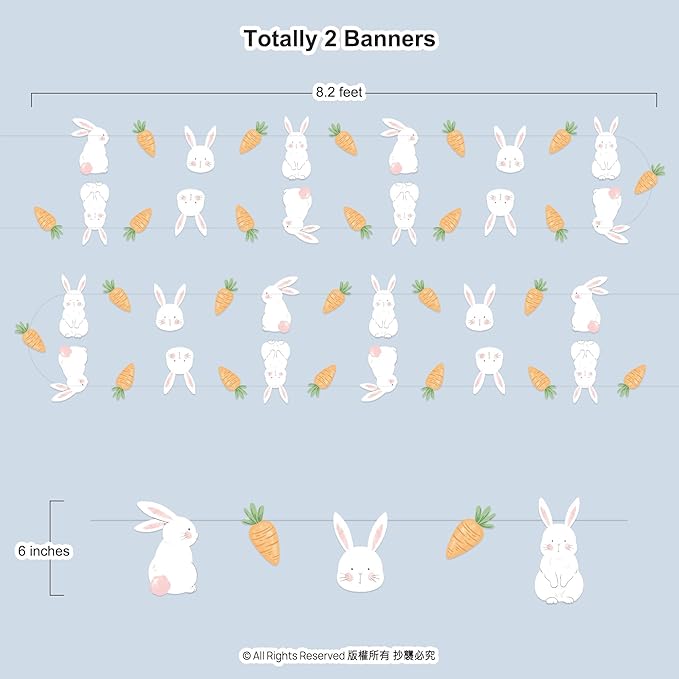 Cheerland Bunny Garland Party Decorations Cute Rabbit Carrot Banner Hanging Streamer for Girls Kids Birthday Baby Shower Classroom Home Office Decor Easter Garden Animal Tea Parties Supplies 2pcs