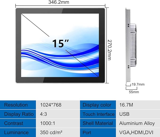 GreenTouch 15 Inch Industrial Display Pure Aluminum 10-Point Capacitive Touch Screen Monitor - HDMI/VGA/DVI Interface - 1024x768