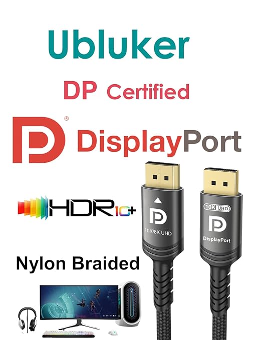 10K 8K DisplayPort 2.1 Cable 54Gbps 3.3 FT, Certified DP to DP Cord 4K 240Hz 165Hz 144Hz 120Hz 10K 8K 120Hz Nylon Braided UHBR HDCP2.3 FreeSync G-Sync RTX5090 Gaming Monitor PC Projector