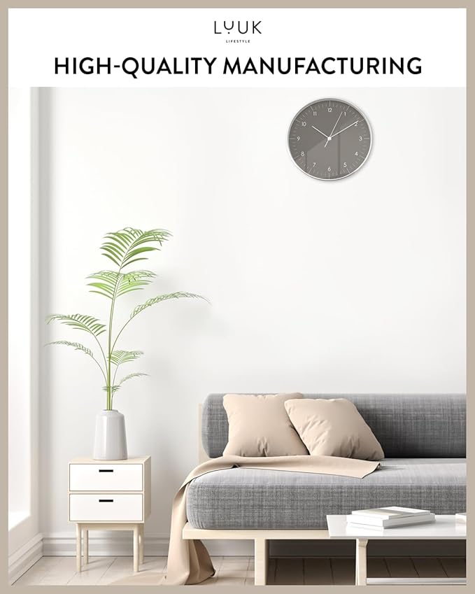 LUUK LIFESTYLE Silent Quartz Wall Clock, Nordic and Minimalist Design, Interior Decoration for Living Room, Kitchen, Bedroom, Dark Grey and Silver