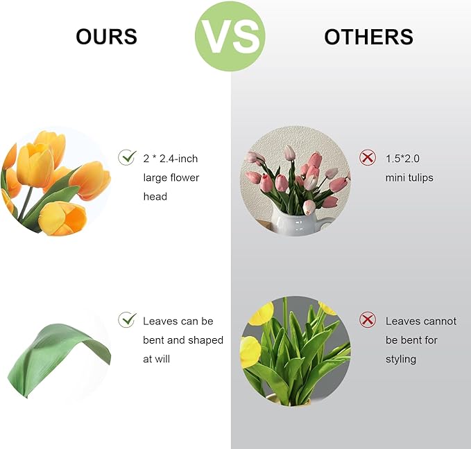 Orange Artificial Tulips, 2 Bundles 14Pcs, Fake Tulips Artificial Flowers, 2 x 2.4 Inch Large Flower Head Big Tulip, Easter Valentine's Day Mother's Day Home Decoration Flowers