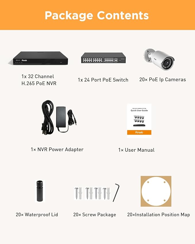32 Channel Security Camera System, 4K 32CH PoE NVR 8TB HDD, 20x 5MP Wired Surveillance IP PoE Cameras Outdoor with AI Human Detection, Built-in Microphone, 100ft IR Night Vision, PB37F2032-5M