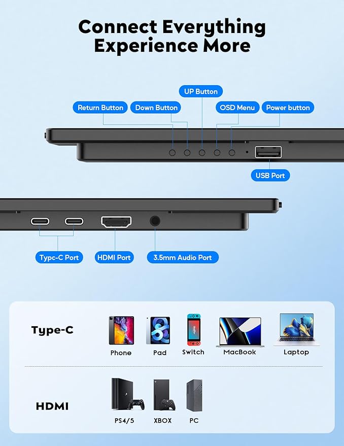 23.8" Portable Monitor for Laptop 100HZ-Portable Screen 100% SRGB IPS for Gaming & Work USB-C HDMI Second Monitor Portable with 180°Adjustable Stand for Laptop Mac Window PS5