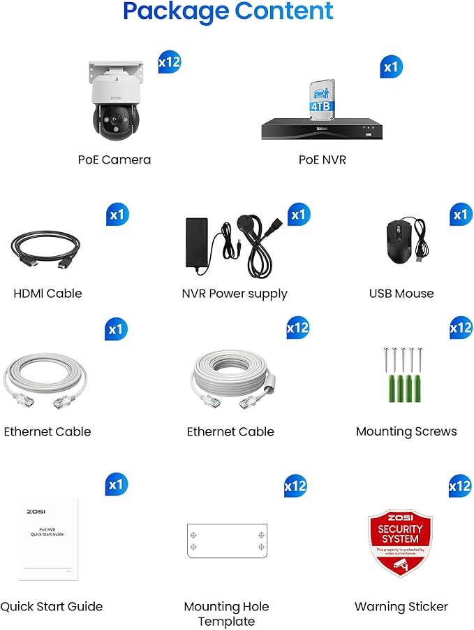 ZOSI C290 4K 16CH POE Security Camera System for 24/7 Recording, 12 x 8MP Wired PoE IP Cameras Outdoor, 360 View, AI Human/Vehicle/Face Detection, Two-Way Talk, Siren Alarm, Auto Tracking, 4TB HDD
