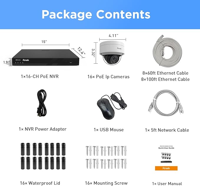 PoE 4K 16 Channel Security Camera System, 16x 8MP IK10 Vandal Dome Cameras with Human/Vehicle Detection, Built-in Mic, 24/7 Remote Access, 4TB HDD NVR, PD54A1616-8M-1