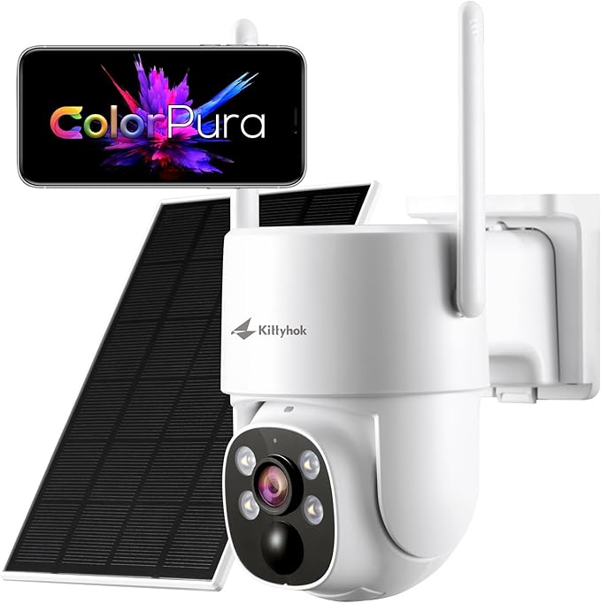 Kittyhok 【ColorPura PTZ Solar Security Camera Outdoor Wireless, Pro True Color Night Vision, Solar Powered, 2K FHD, Human Detection, 2 Way Audio, IP66 Weatherproof, Local Recording for Home Security